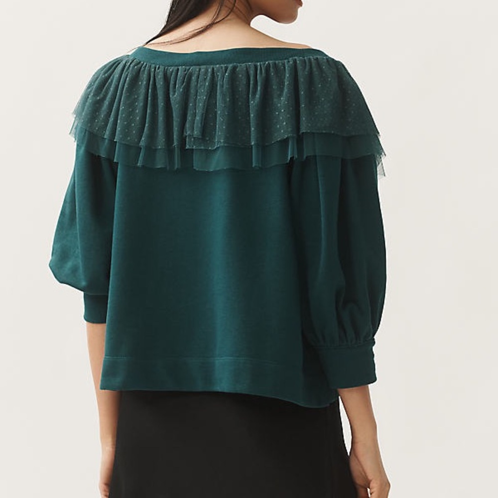 Anthropologie Maeve Teal Ruffle Bow Crop Sweater Sz M - Picture 3 of 7